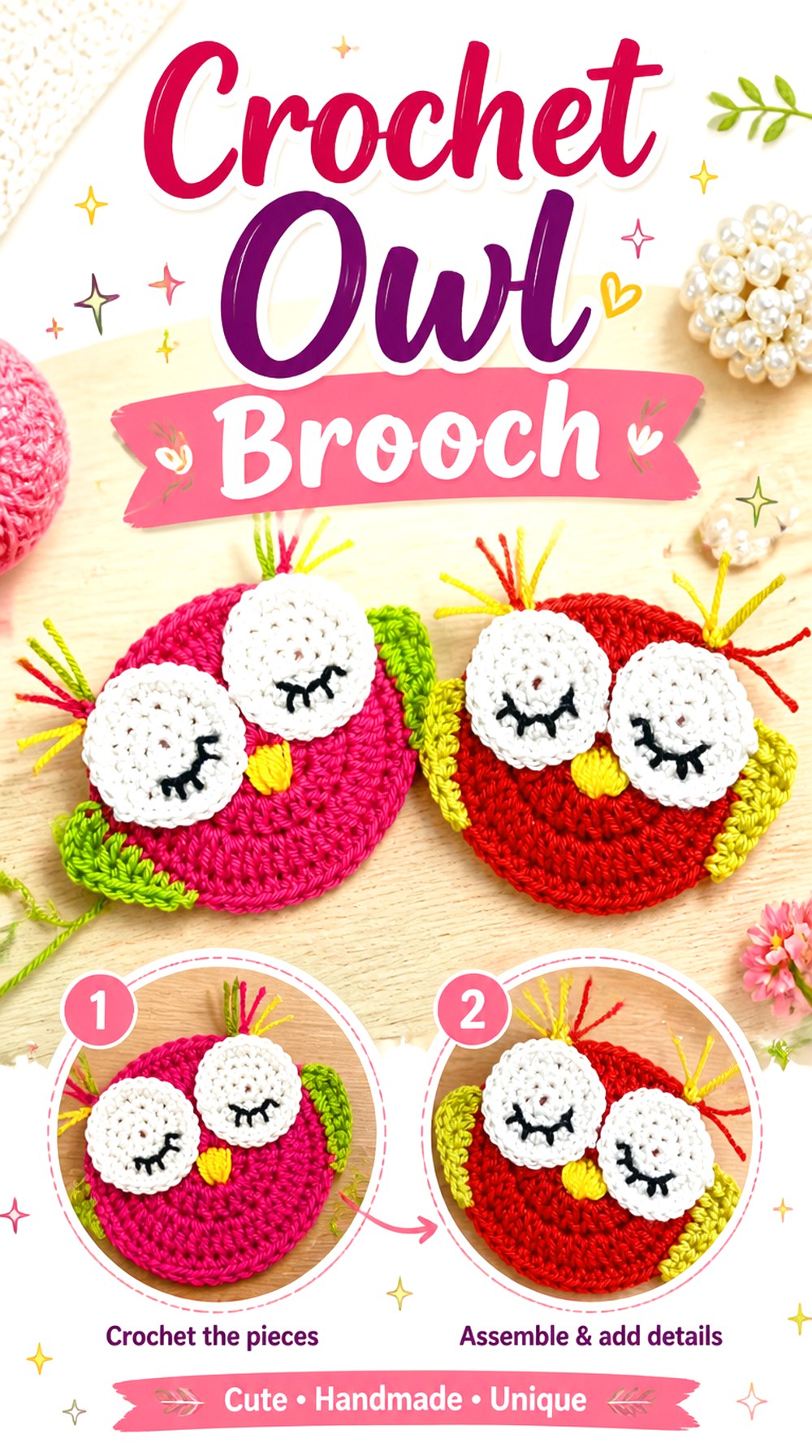 Crochet Owl Brooch
