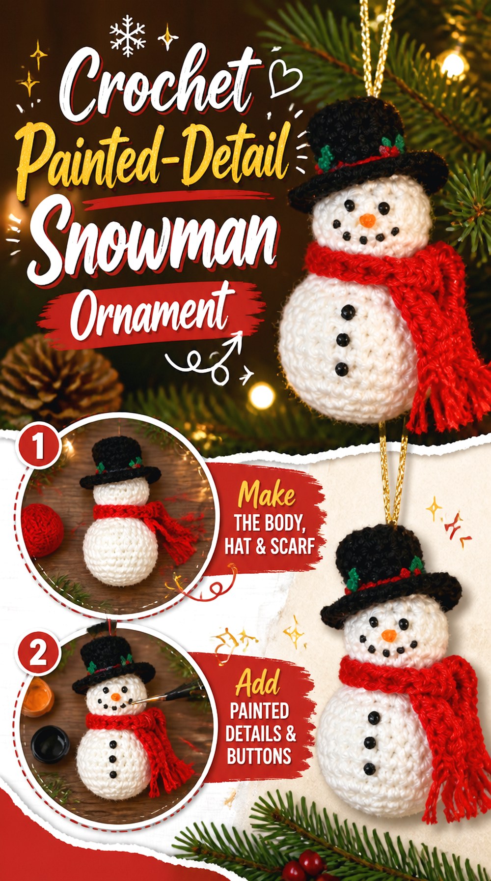 Crochet Painted Detail Snowman Ornament