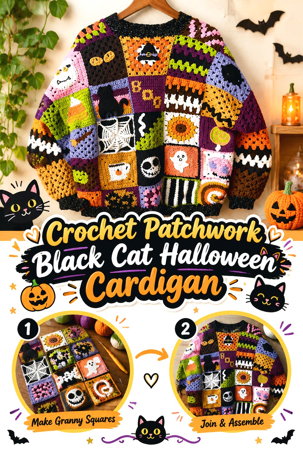 Crochet Patchwork Black Cat Halloween Cardigan