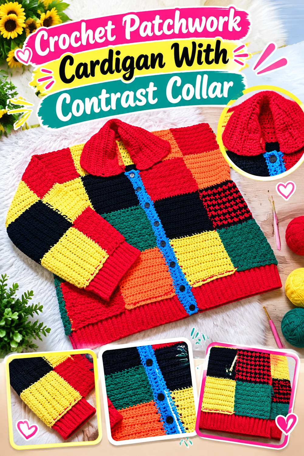Crochet Patchwork Cardigan With Contrast Collar