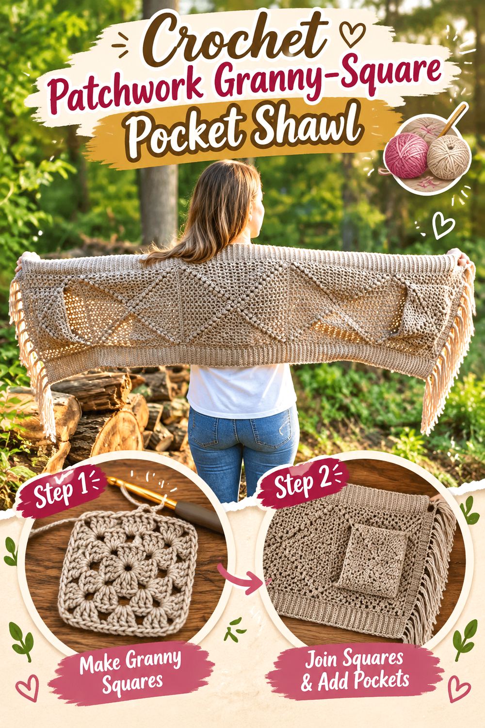 Crochet Patchwork Granny Square Pocket Shawl