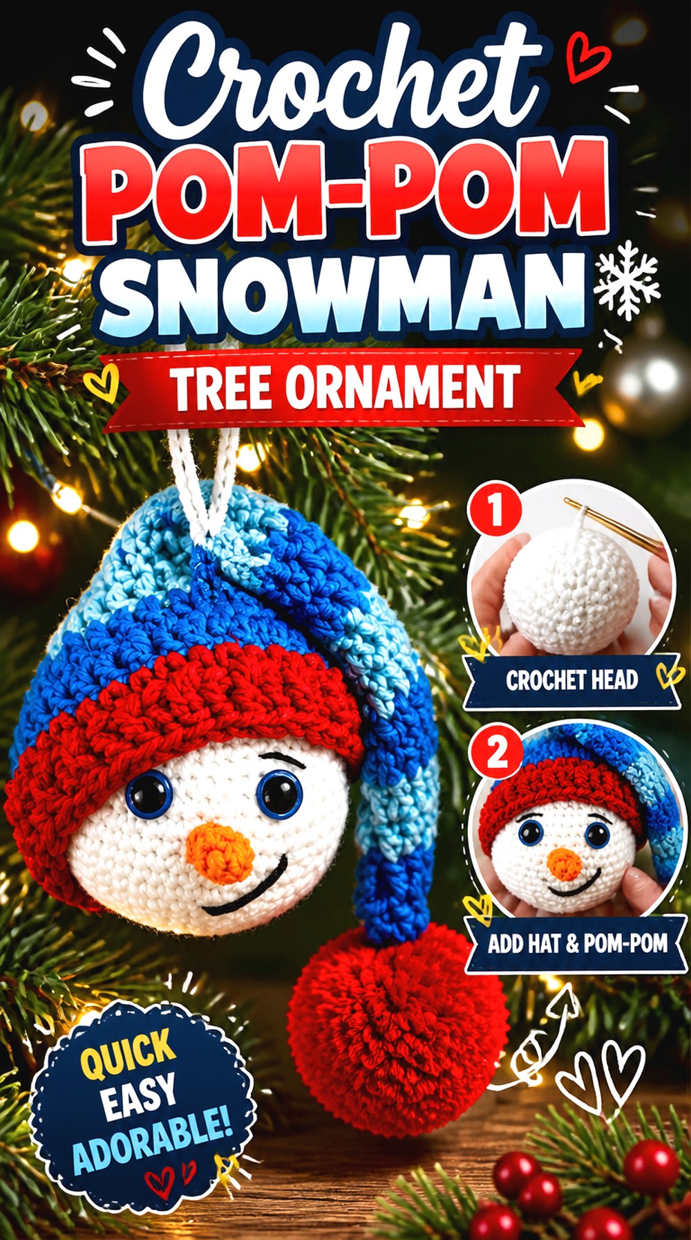 Crochet Pom Pom Snowman Tree Ornament