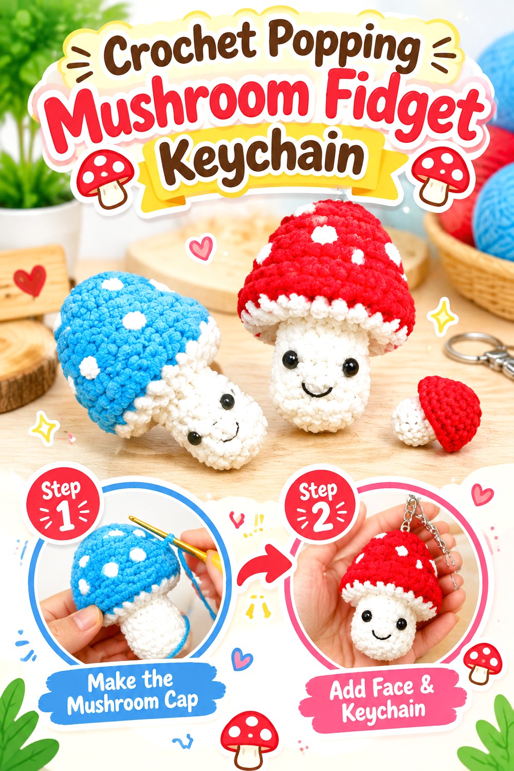 Crochet Popping Mushroom Fidget Keychain
