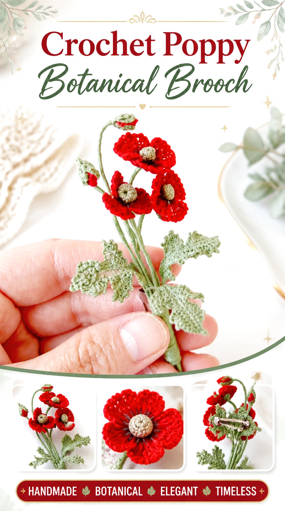 Crochet Poppy Botanical Brooch