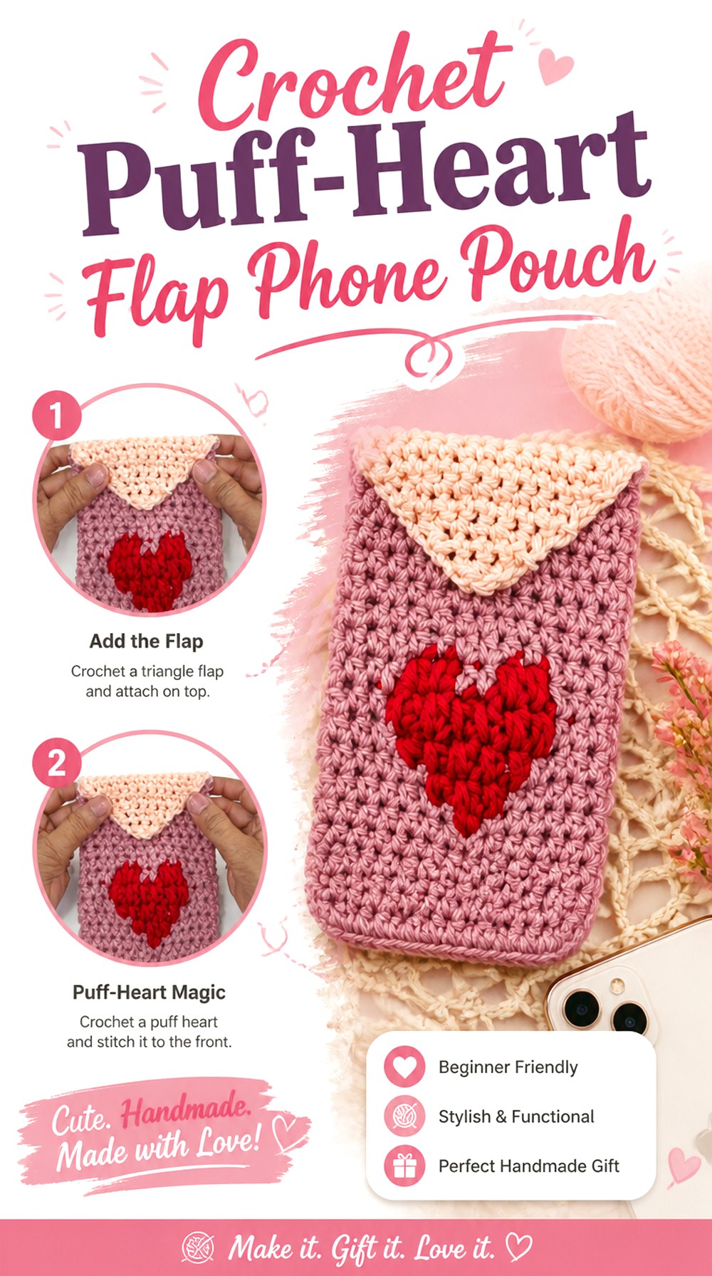 Crochet Puff Heart Flap Phone Pouch