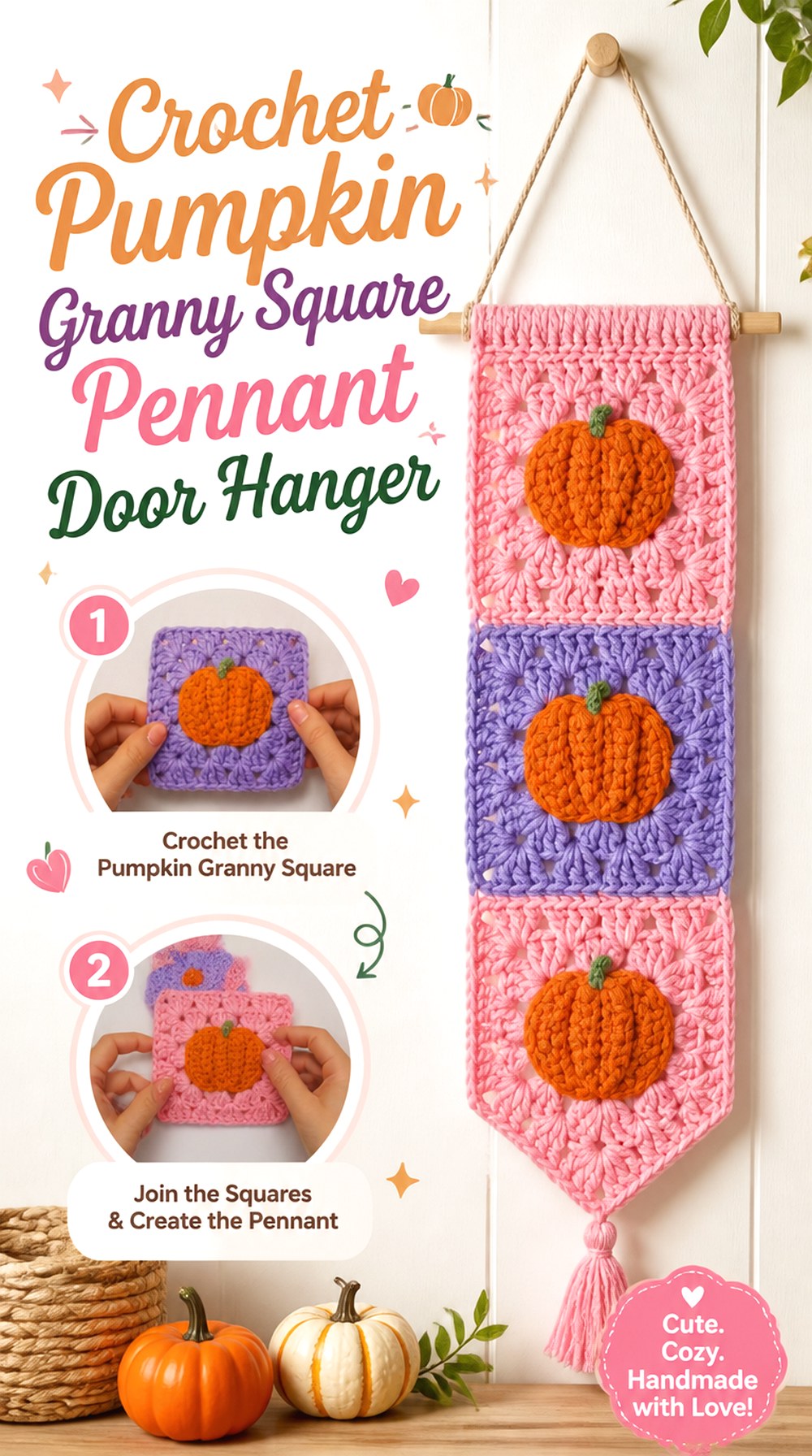 Crochet Pumpkin Granny Square Pennant Door Hanger