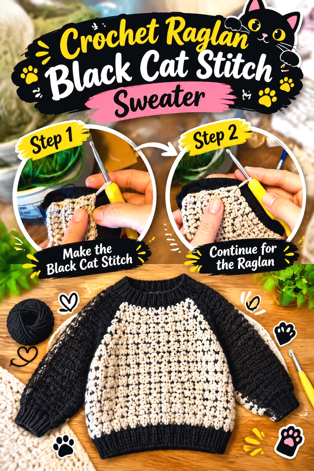 Crochet Raglan Black Cat Stitch Sweater