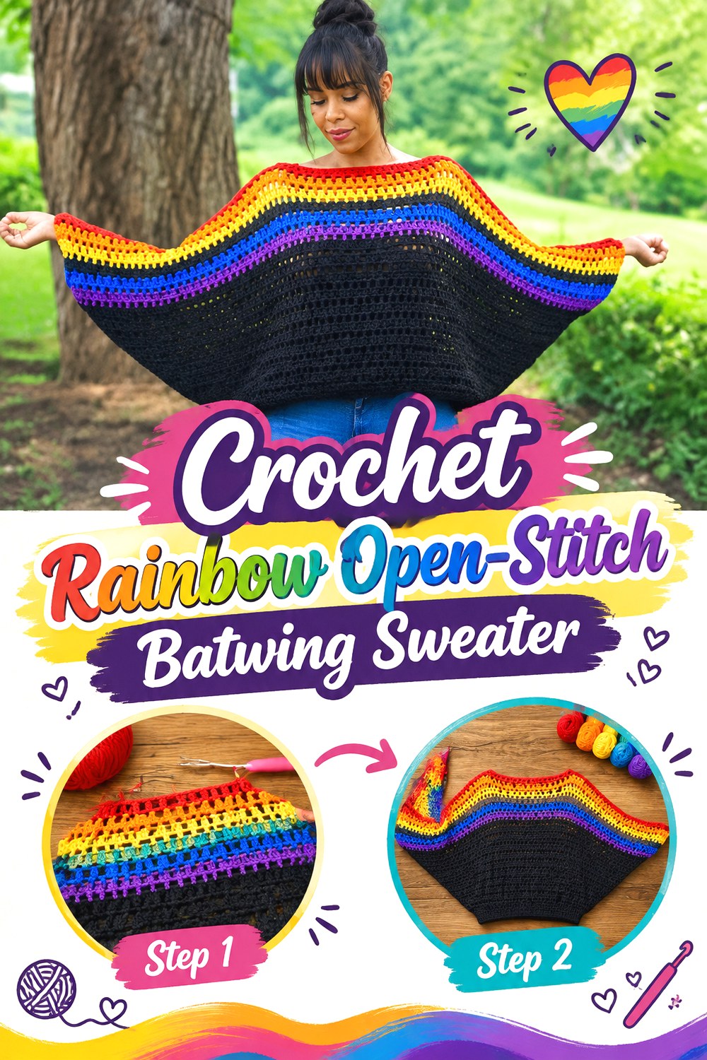 Crochet Rainbow Open Stitch Batwing Sweater