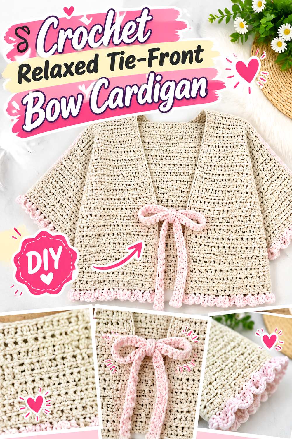 Crochet Relaxed Tie Front Bow Cardigan