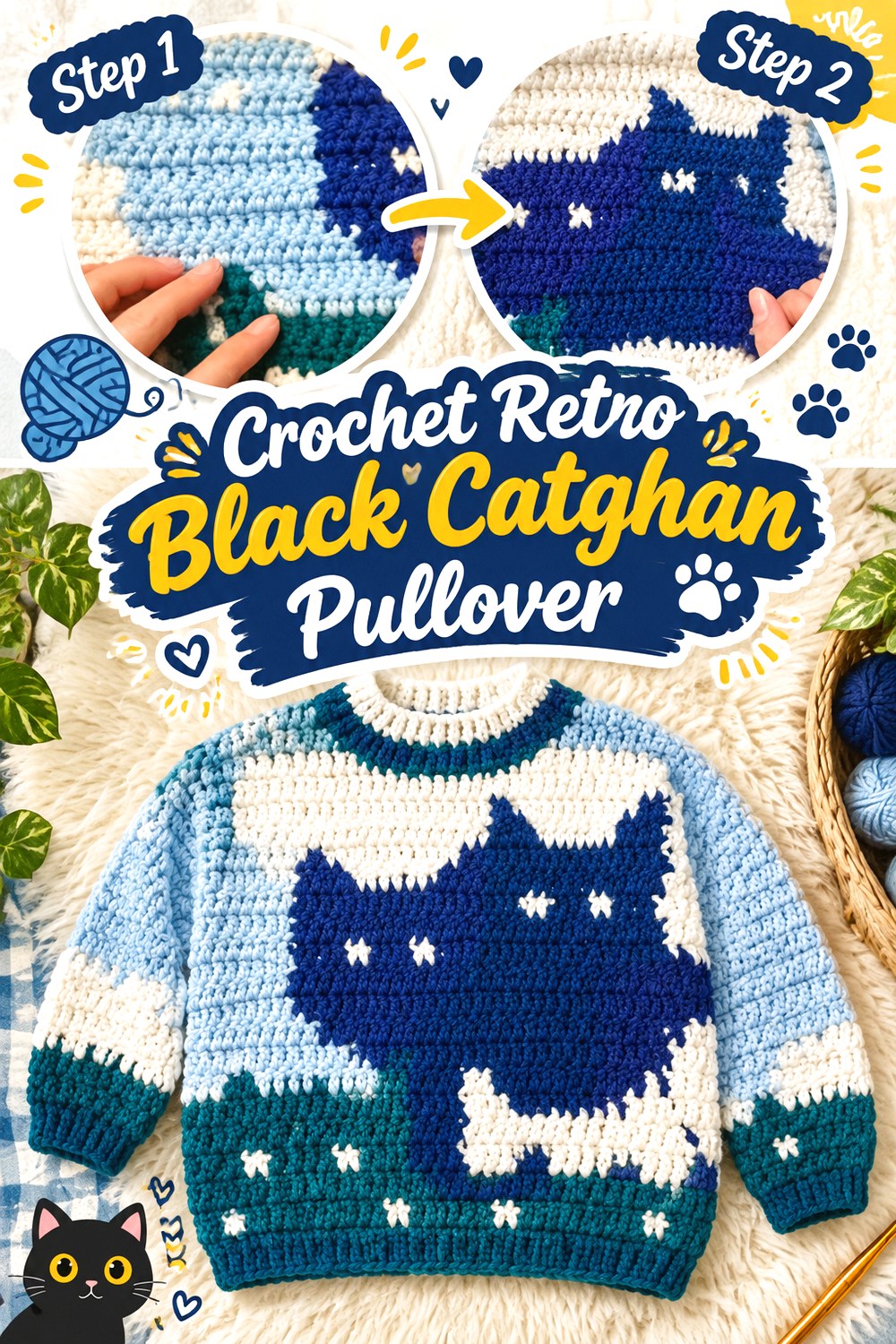 Crochet Retro Black Catghan Pullover