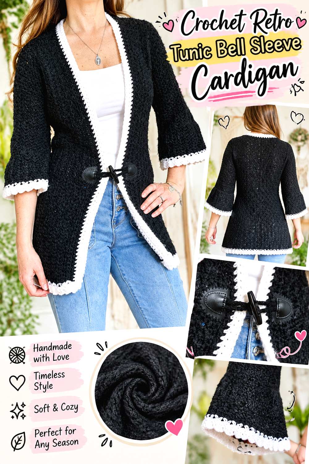 Crochet Retro Tunic Bell Sleeve Cardigan
