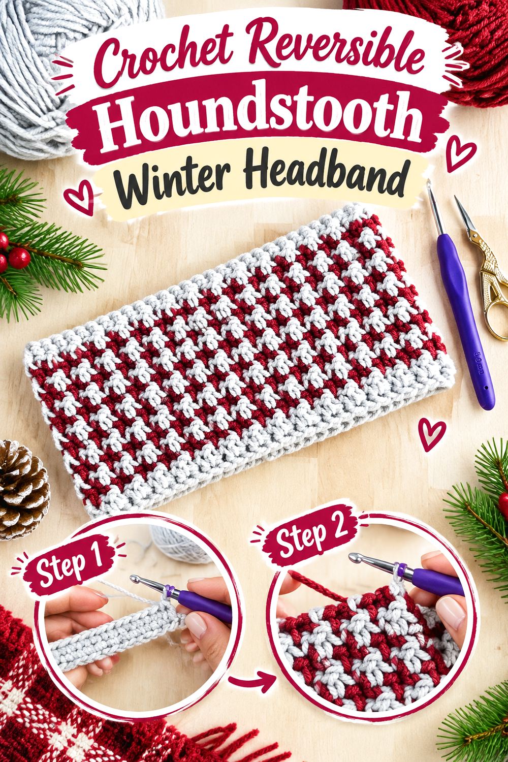 Crochet Reversible Houndstooth Winter Headband