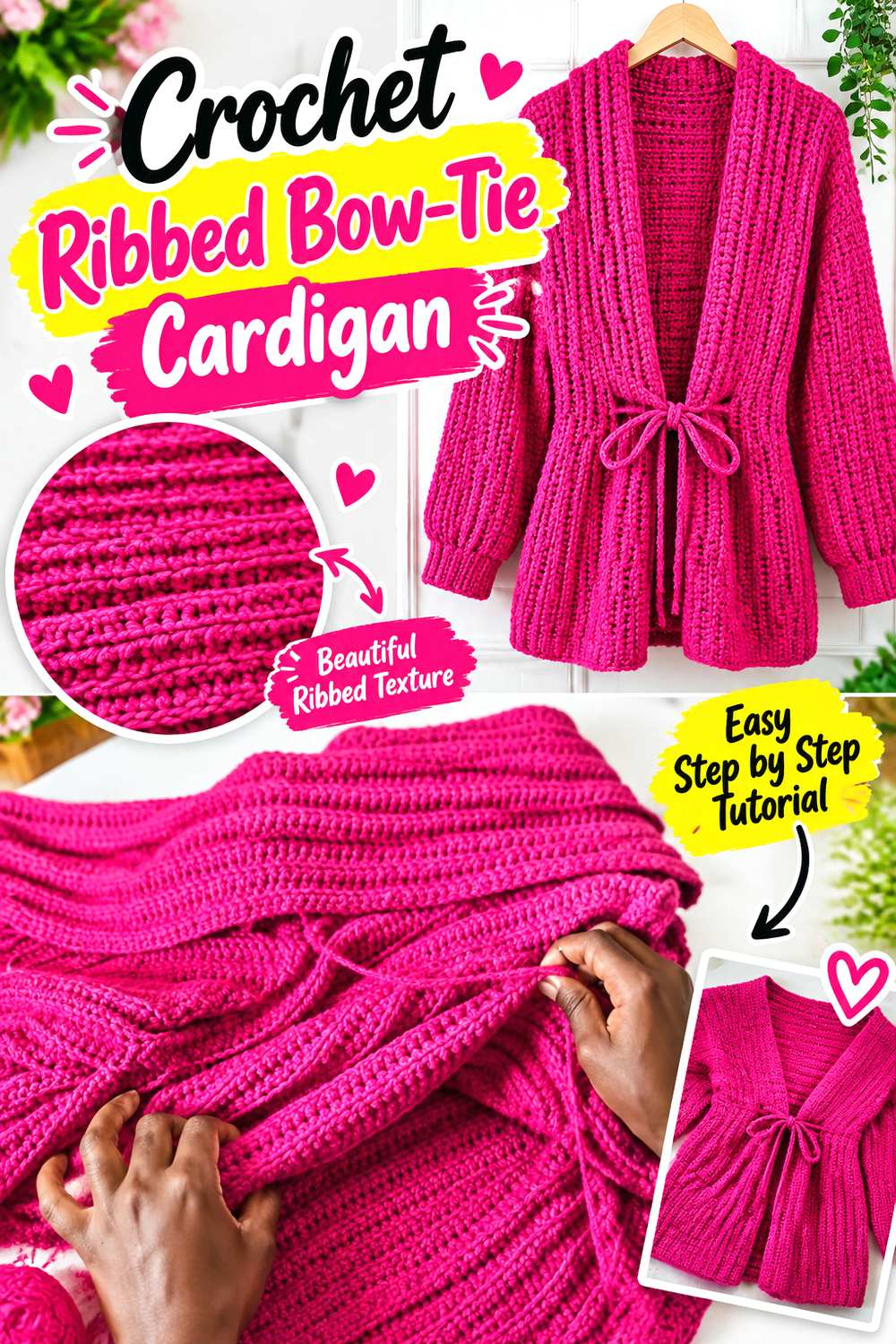 Crochet Ribbed Bow Tie Cardigan