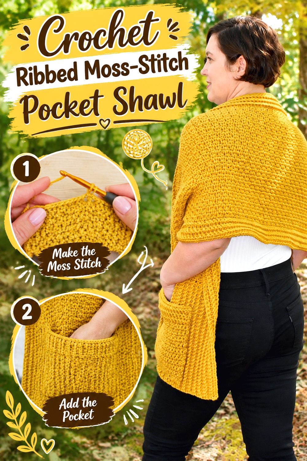 Crochet Ribbed Moss Stitch Pocket Shawl