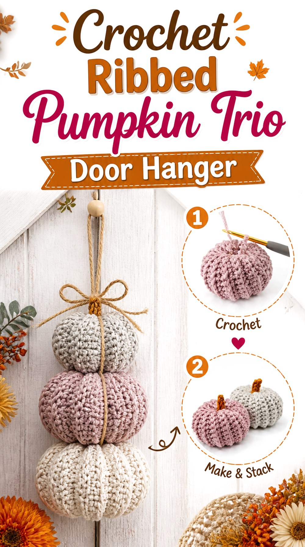 Crochet Ribbed Pumpkin Trio Door Hanger
