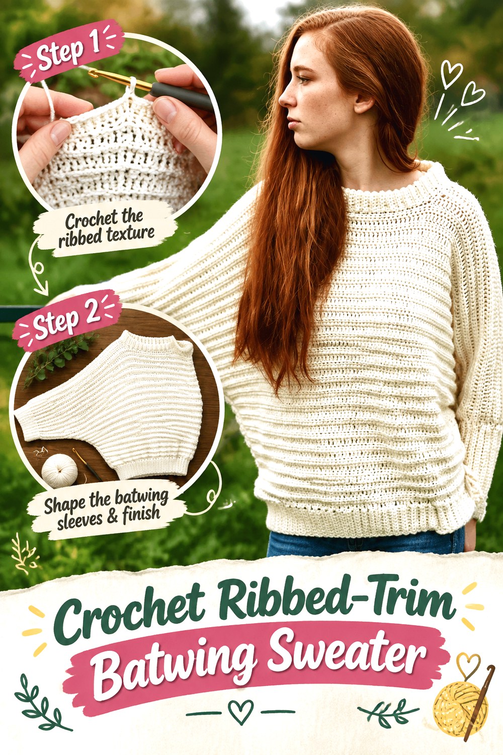 Crochet Ribbed Trim Batwing Sweater