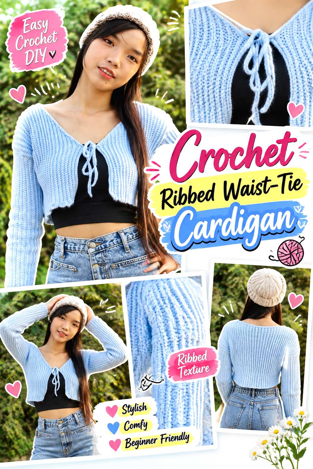 Crochet Ribbed Waist Tie Cardigan