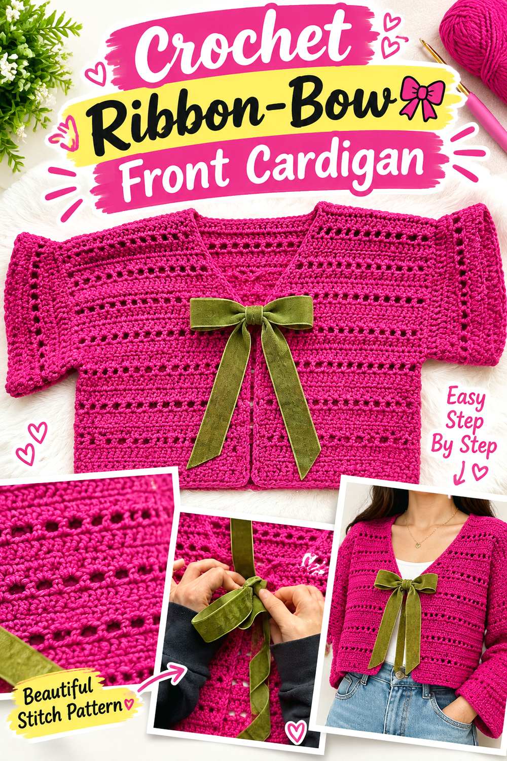Crochet Ribbon Bow Front Cardigan