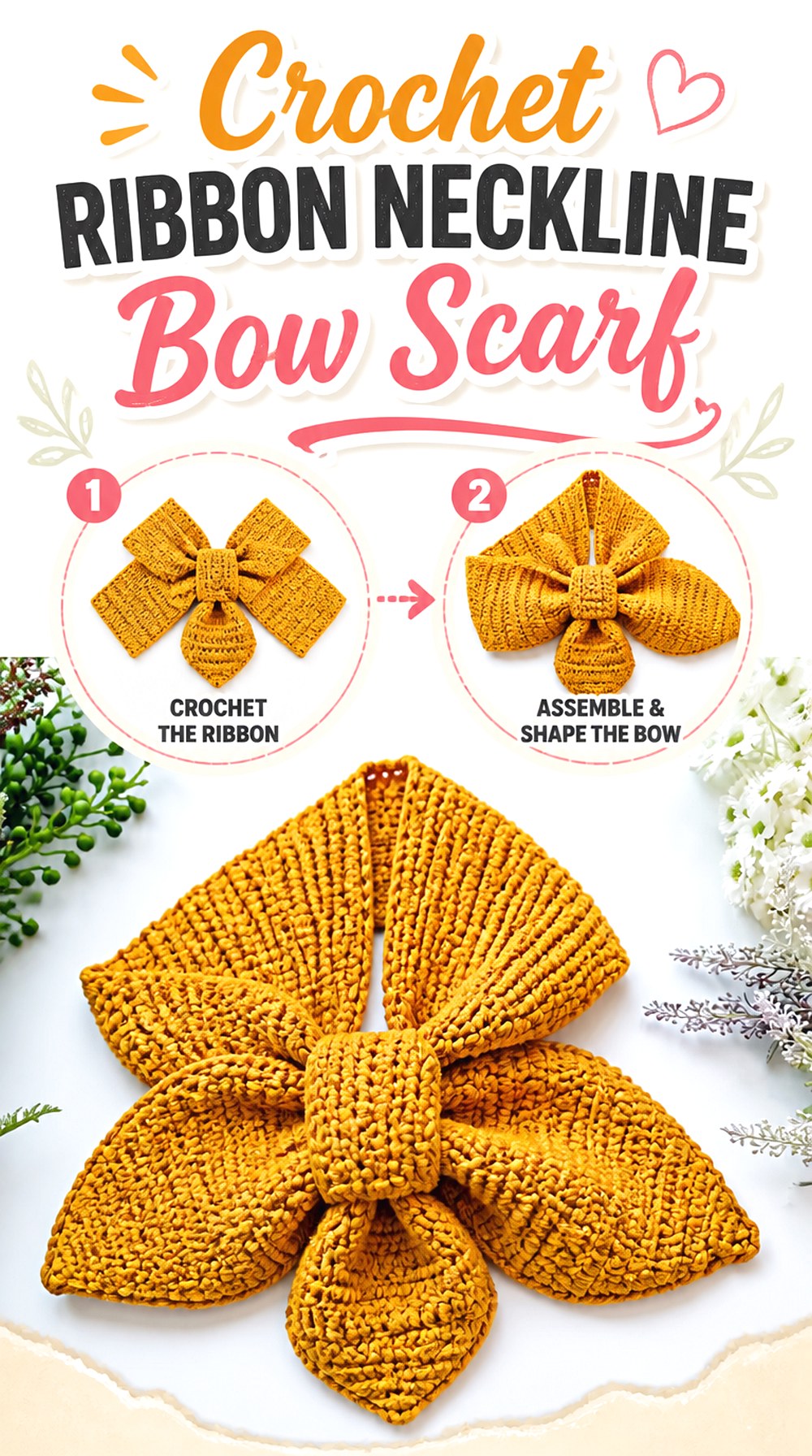 Crochet Ribbon Neckline Bow Scarf
