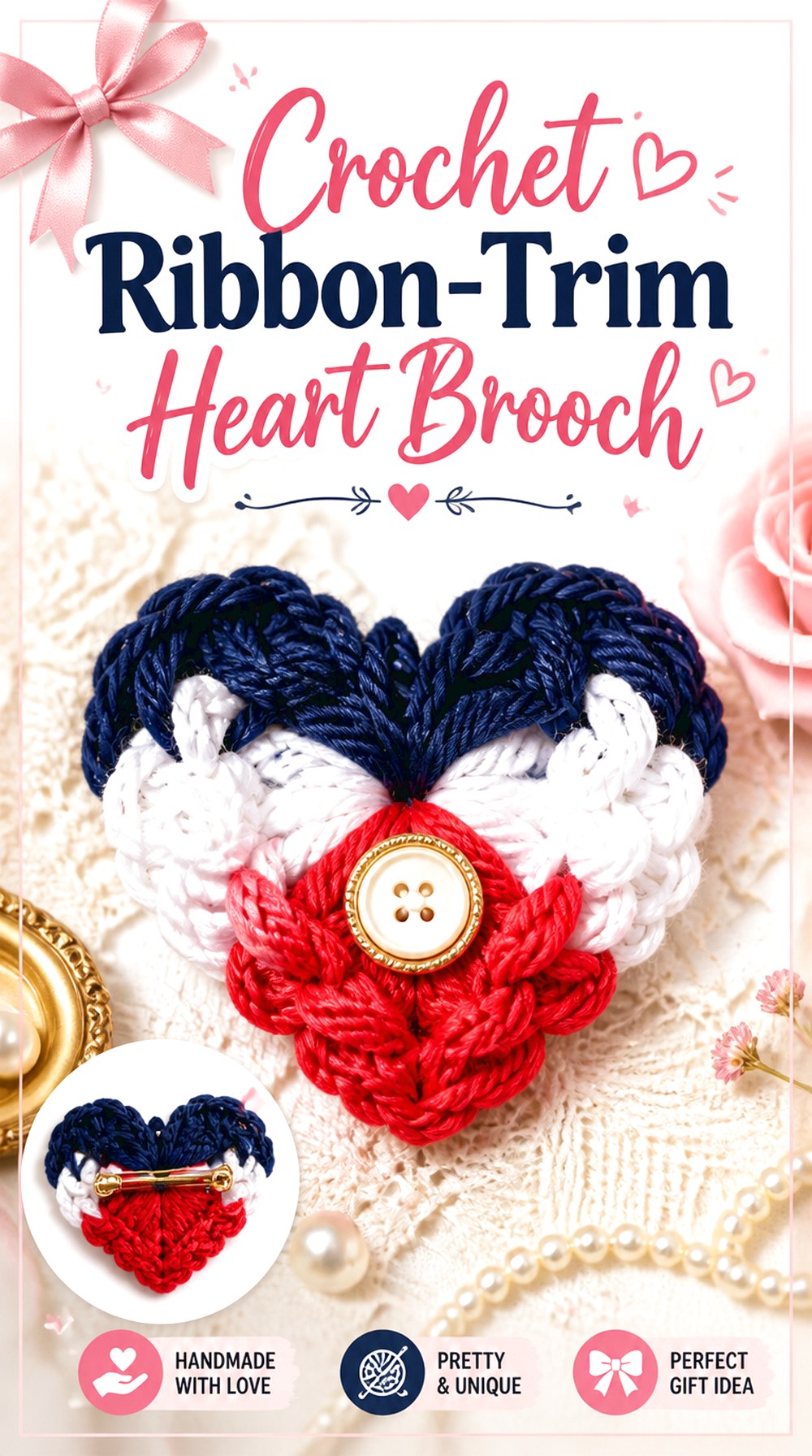 Crochet Ribbon Trim Heart Brooch