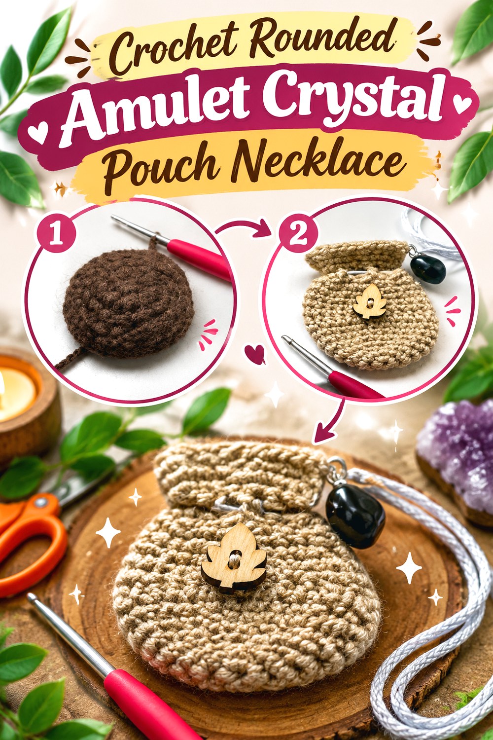Crochet Rounded Amulet Crystal Pouch Necklace
