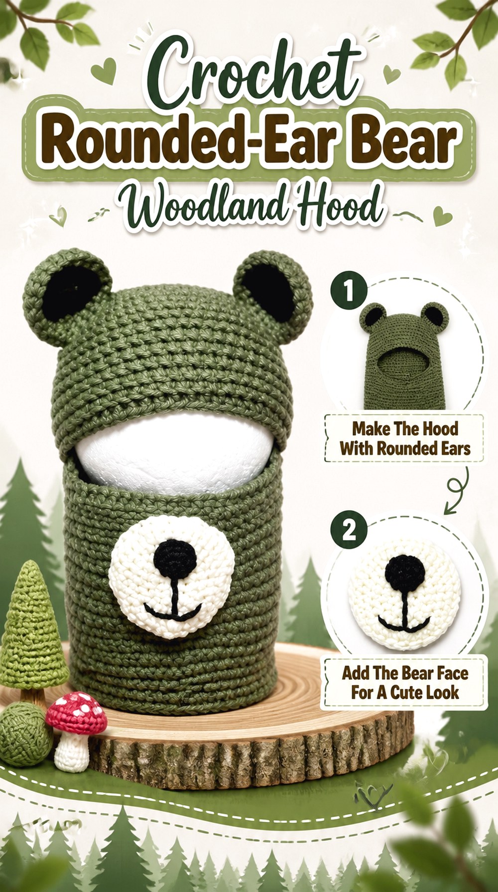 Crochet Rounded Ear Bear Woodland Hood