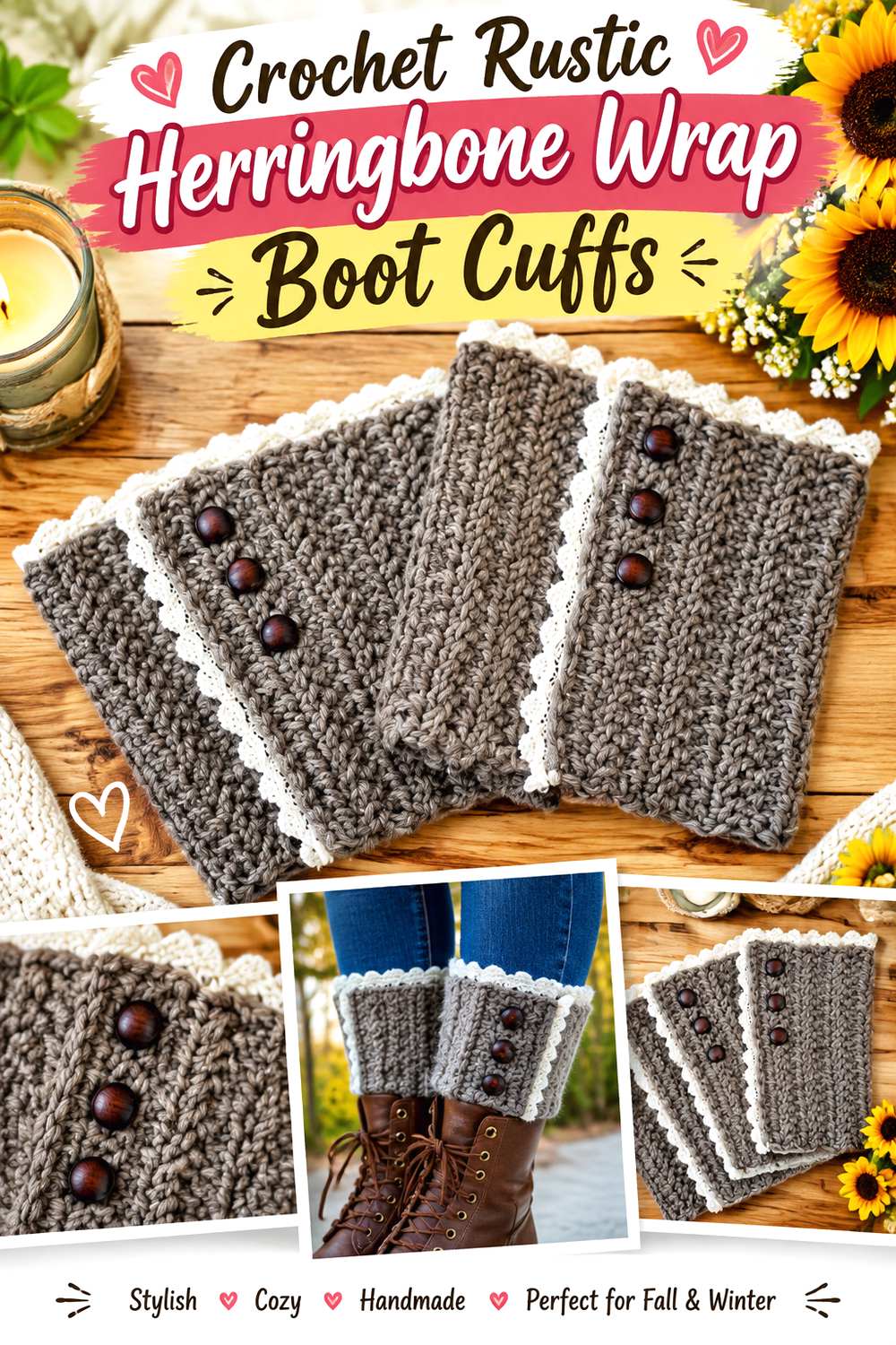 Crochet Rustic Herringbone Wrap Boot Cuffs