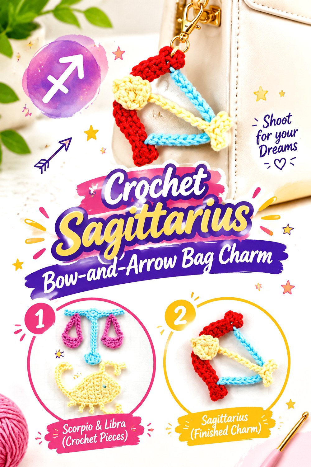 Crochet Sagittarius Bow and Arrow Bag Charm