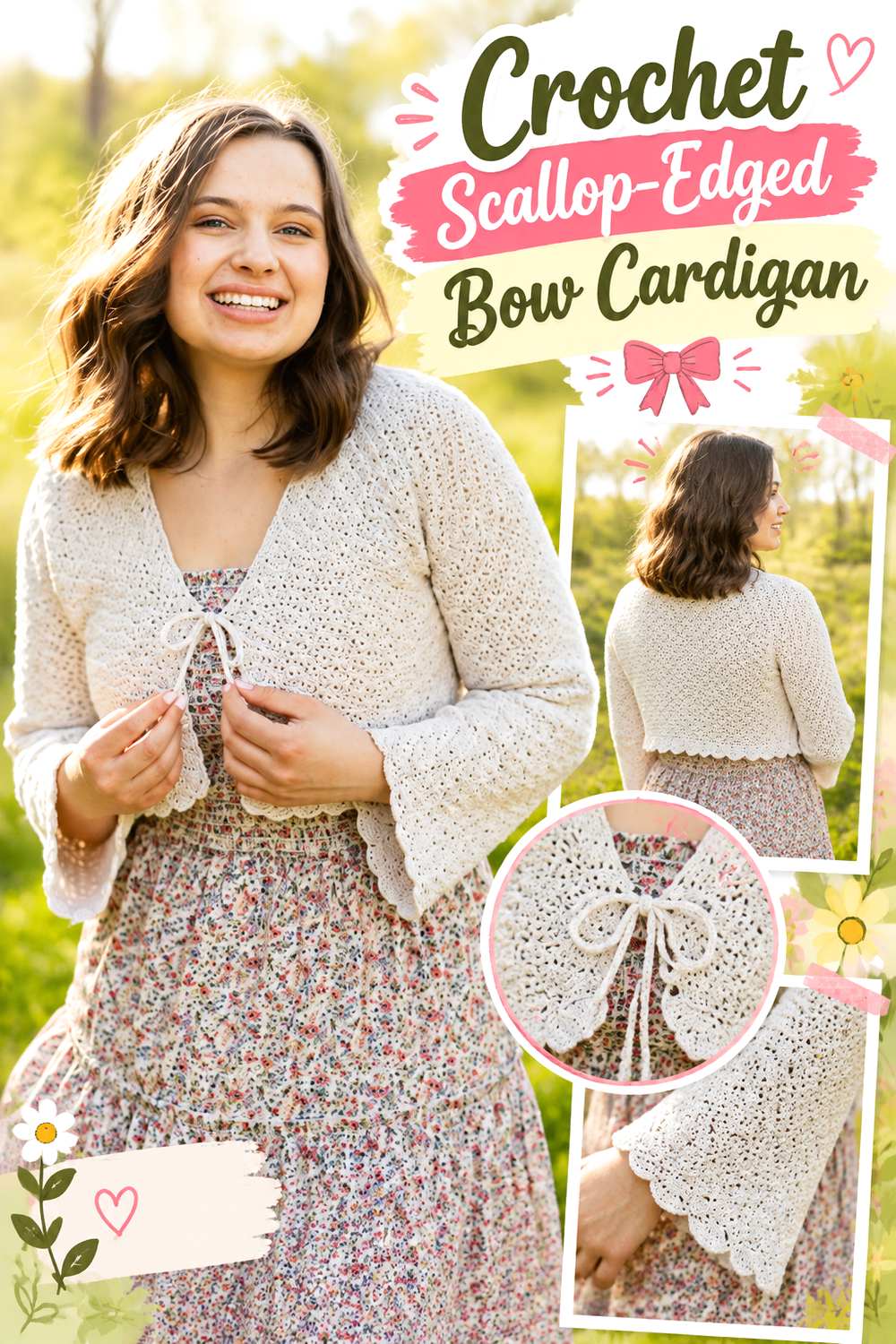 Crochet Scallop Edged Bow Cardigan