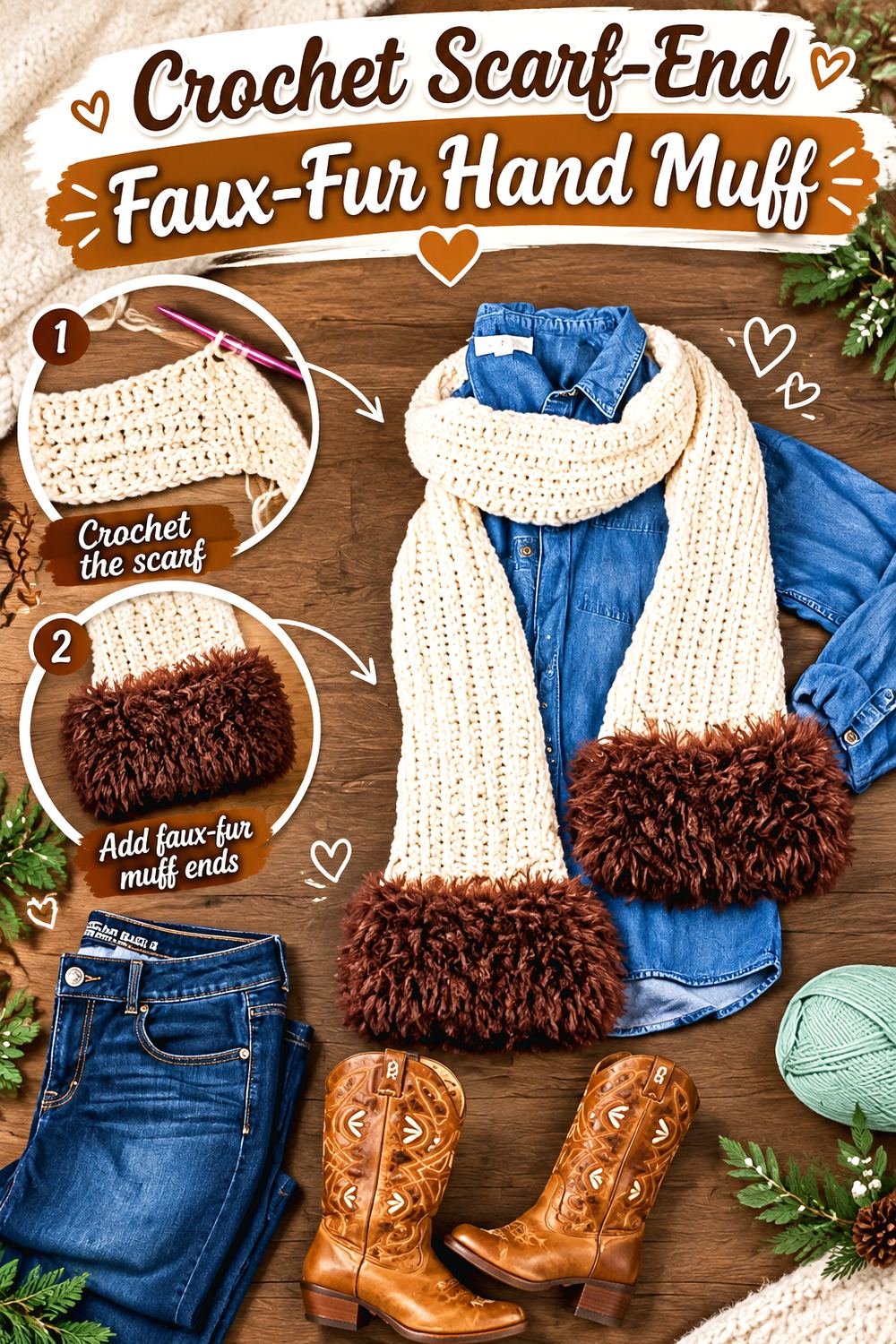 Crochet Scarf End Faux Fur Hand Muff