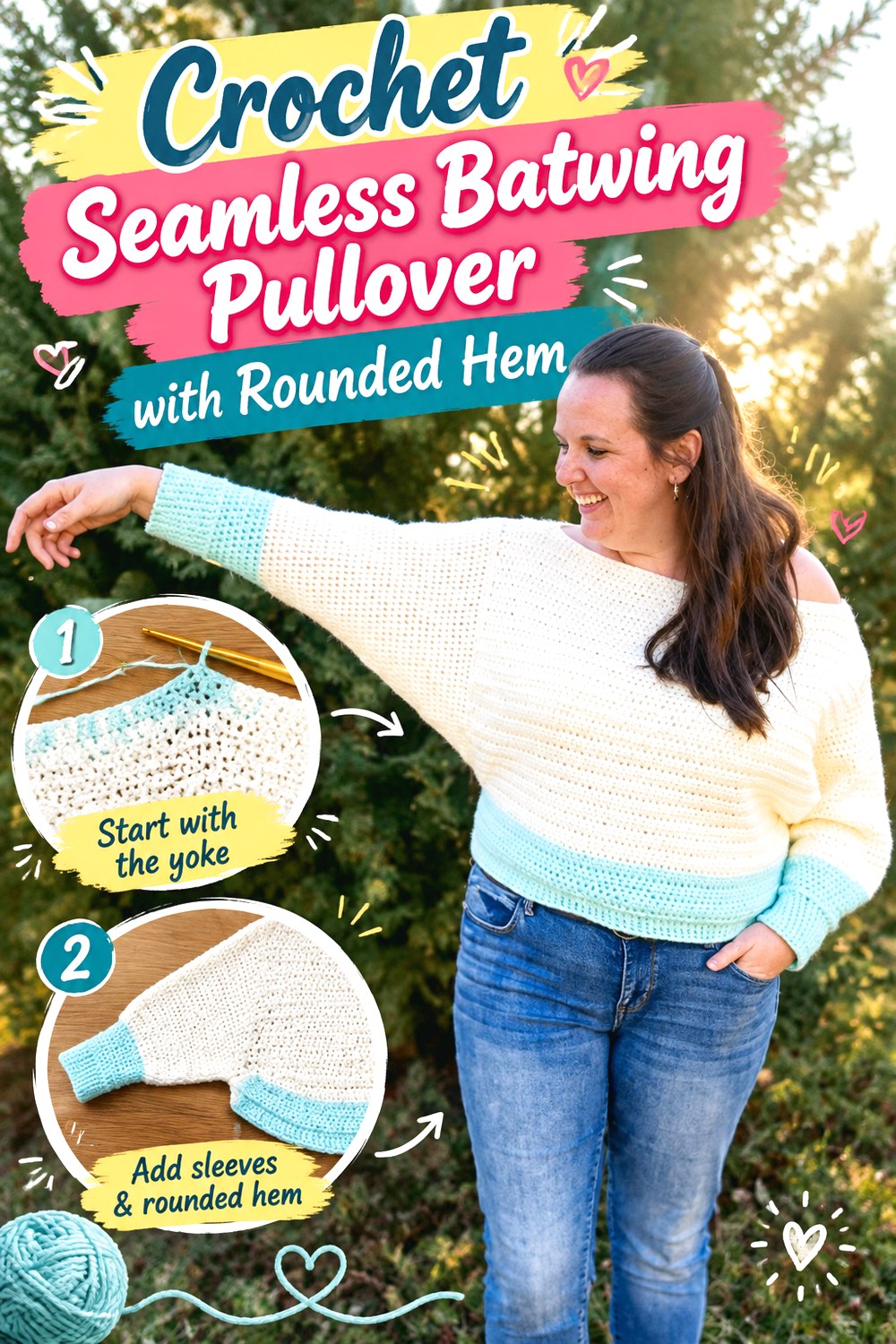 Crochet Seamless Batwing Pullover with Rounded Hem