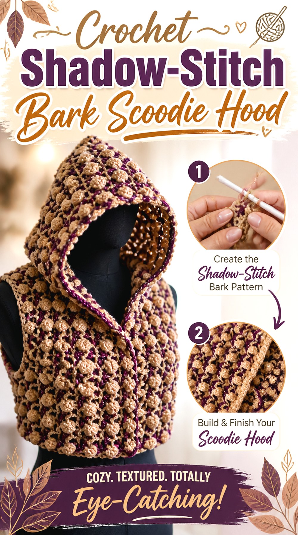 Crochet Shadow Stitch Bark Scoodie Hood