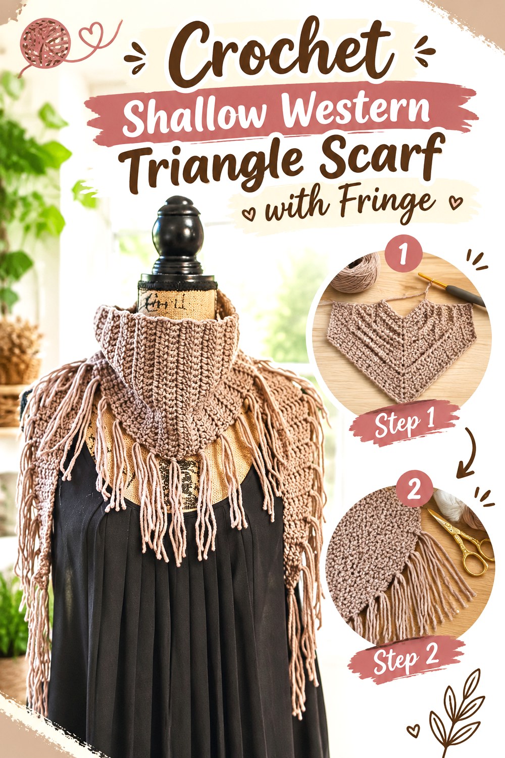 Crochet Shallow Western Triangle Scarf with Fringe