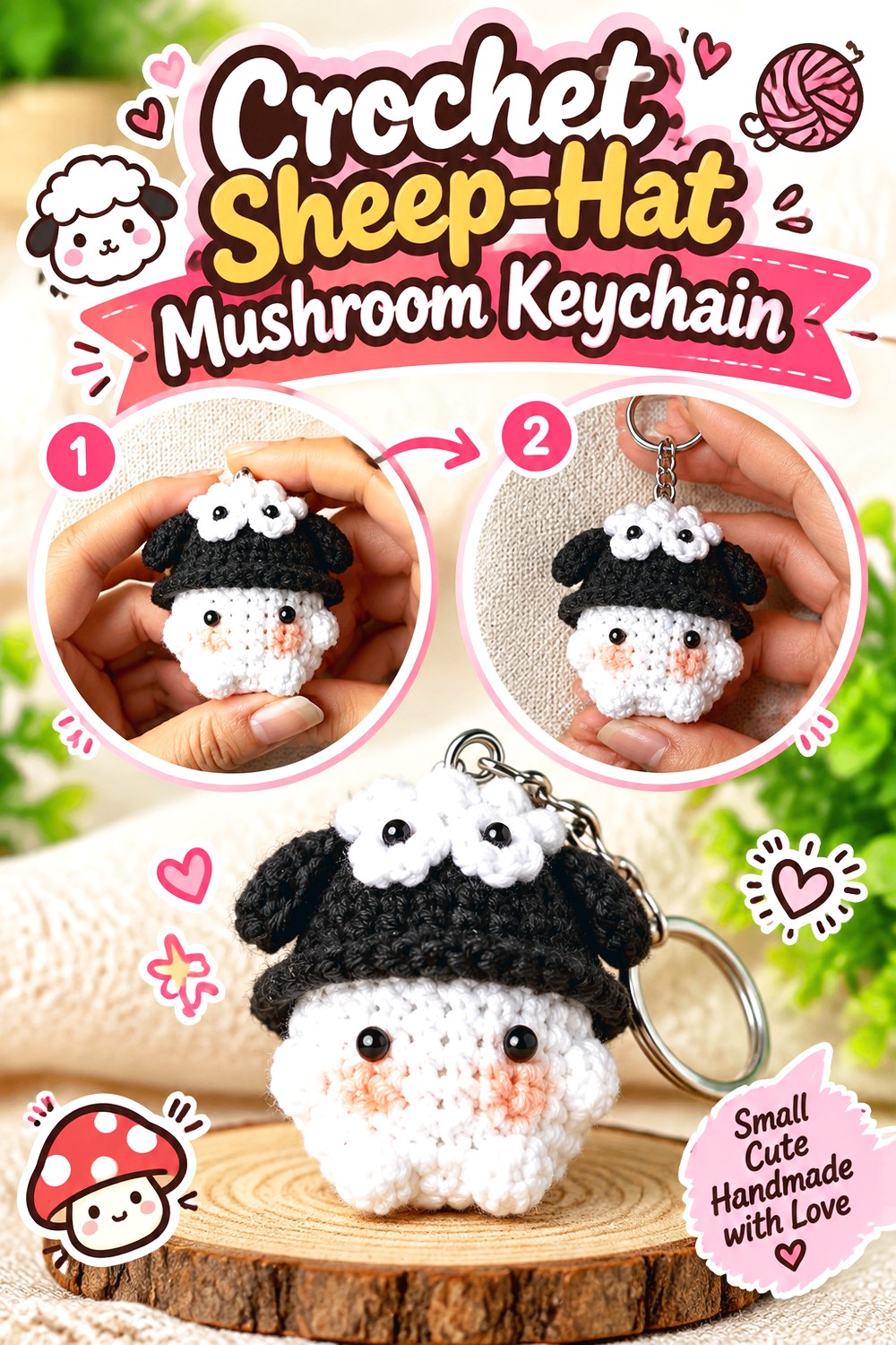 Crochet Sheep Hat Mushroom Keychain