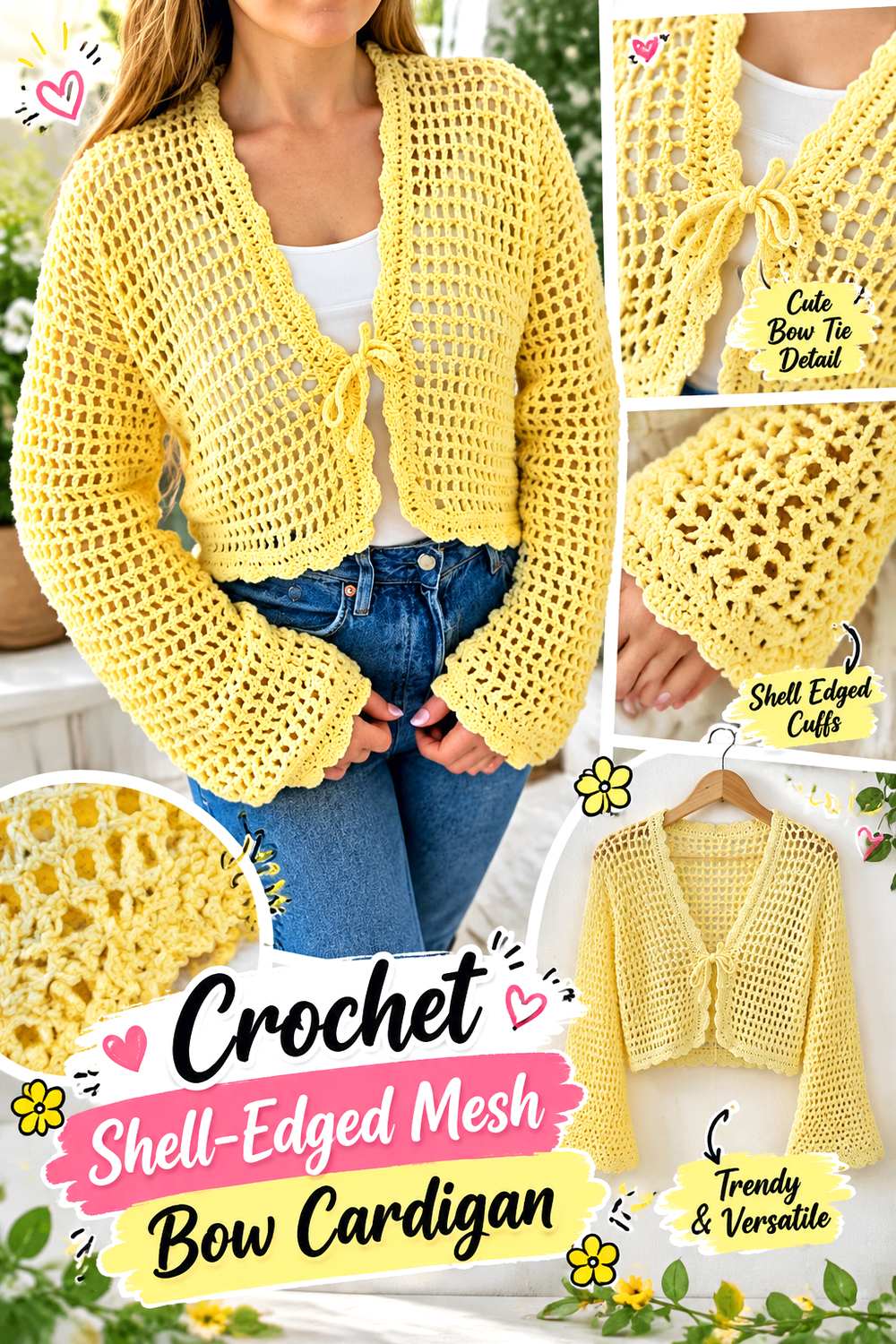 Crochet Shell Edged Mesh Bow Cardigan