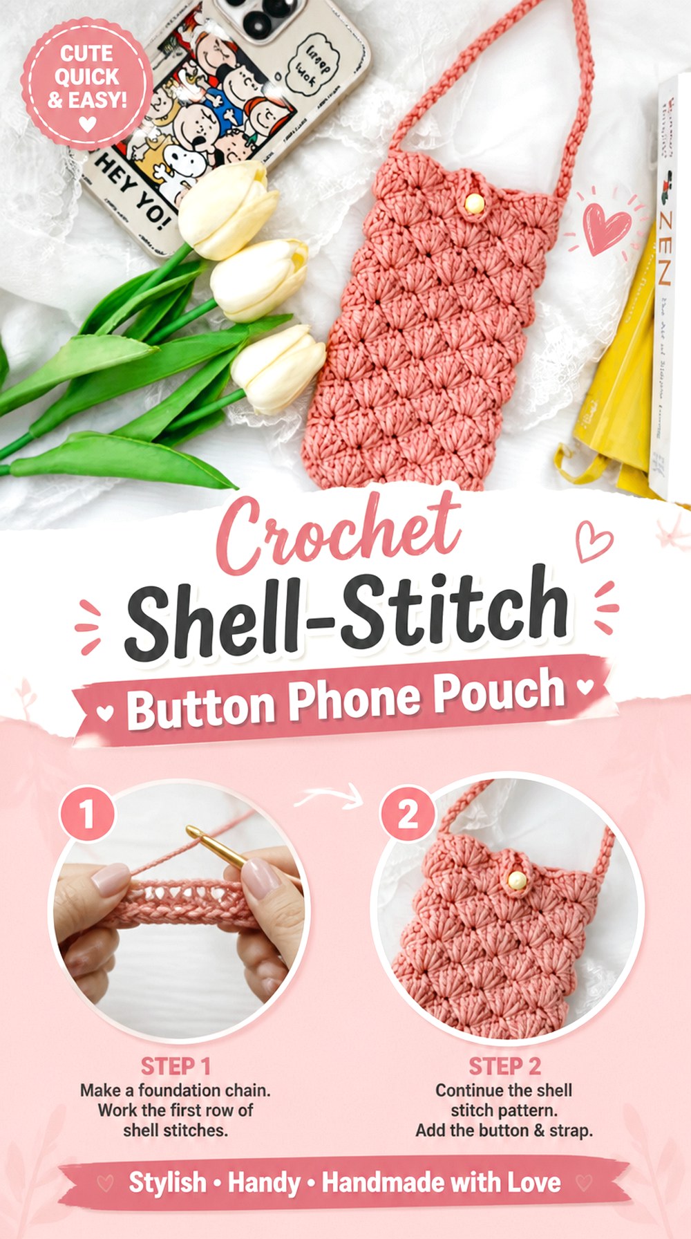 Crochet Shell Stitch Button Phone Pouch