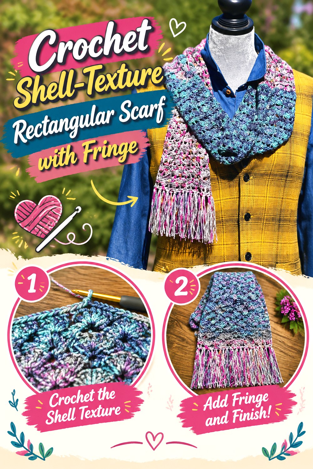 Crochet Shell Texture Rectangular Scarf with Fringe