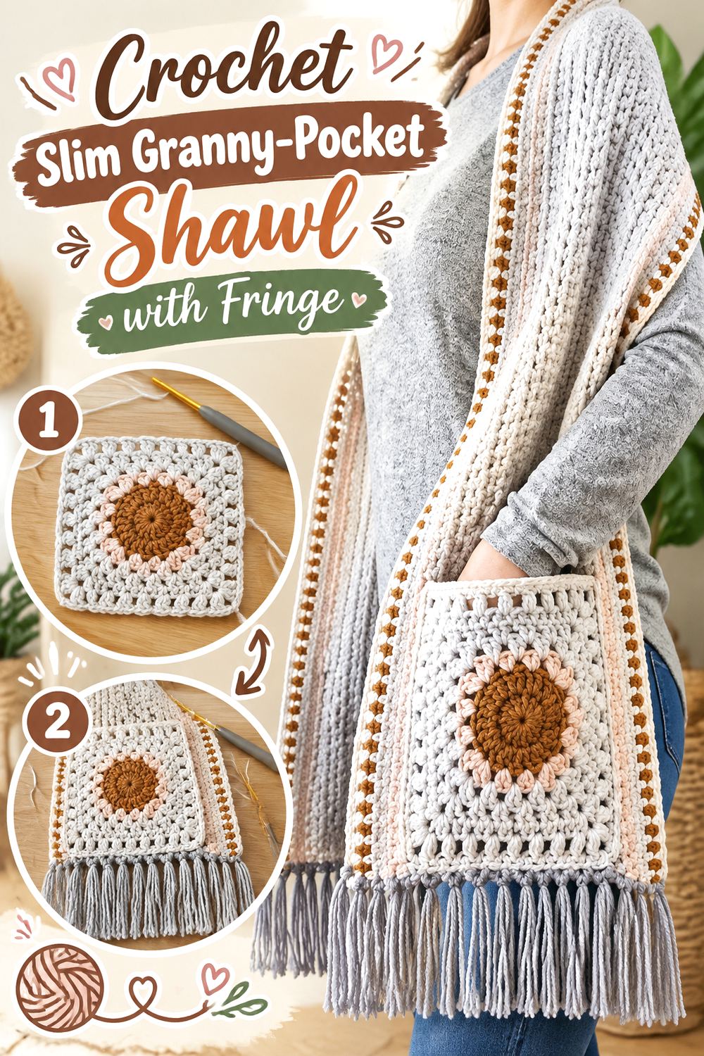 Crochet Slim Granny Pocket Shawl with Fringe