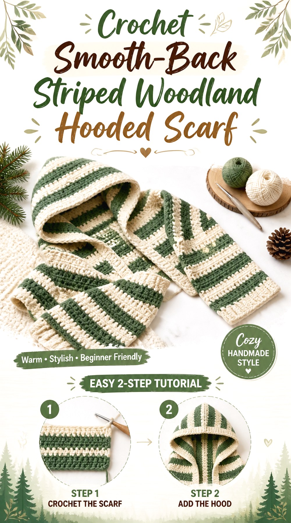 Crochet Smooth Back Striped Woodland Hooded Scarf
