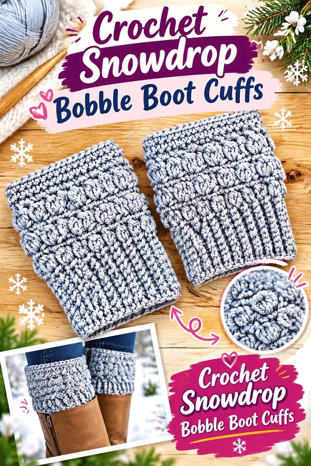 Crochet Snowdrop Bobble Boot Cuffs