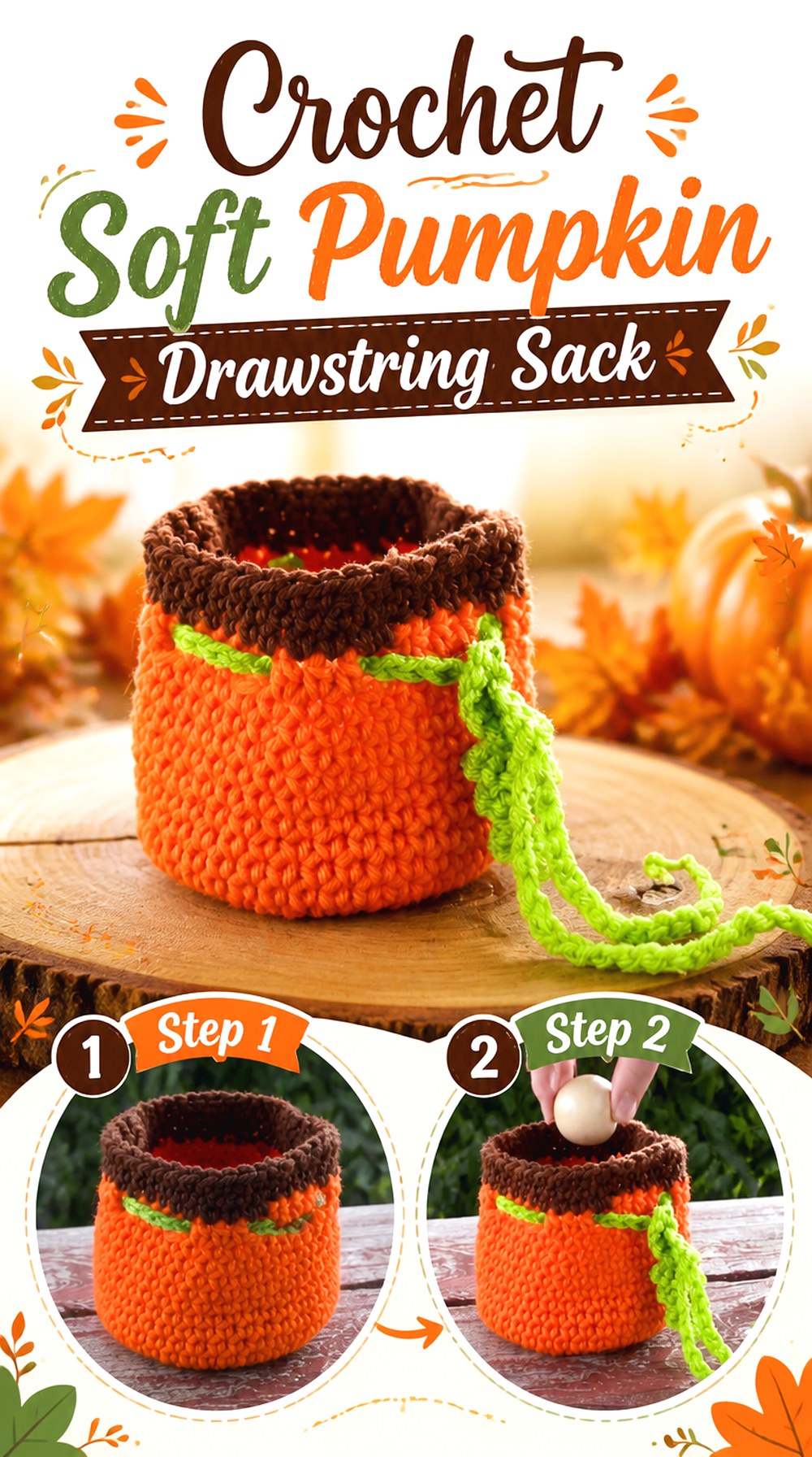 Crochet Soft Pumpkin Drawstring Sack