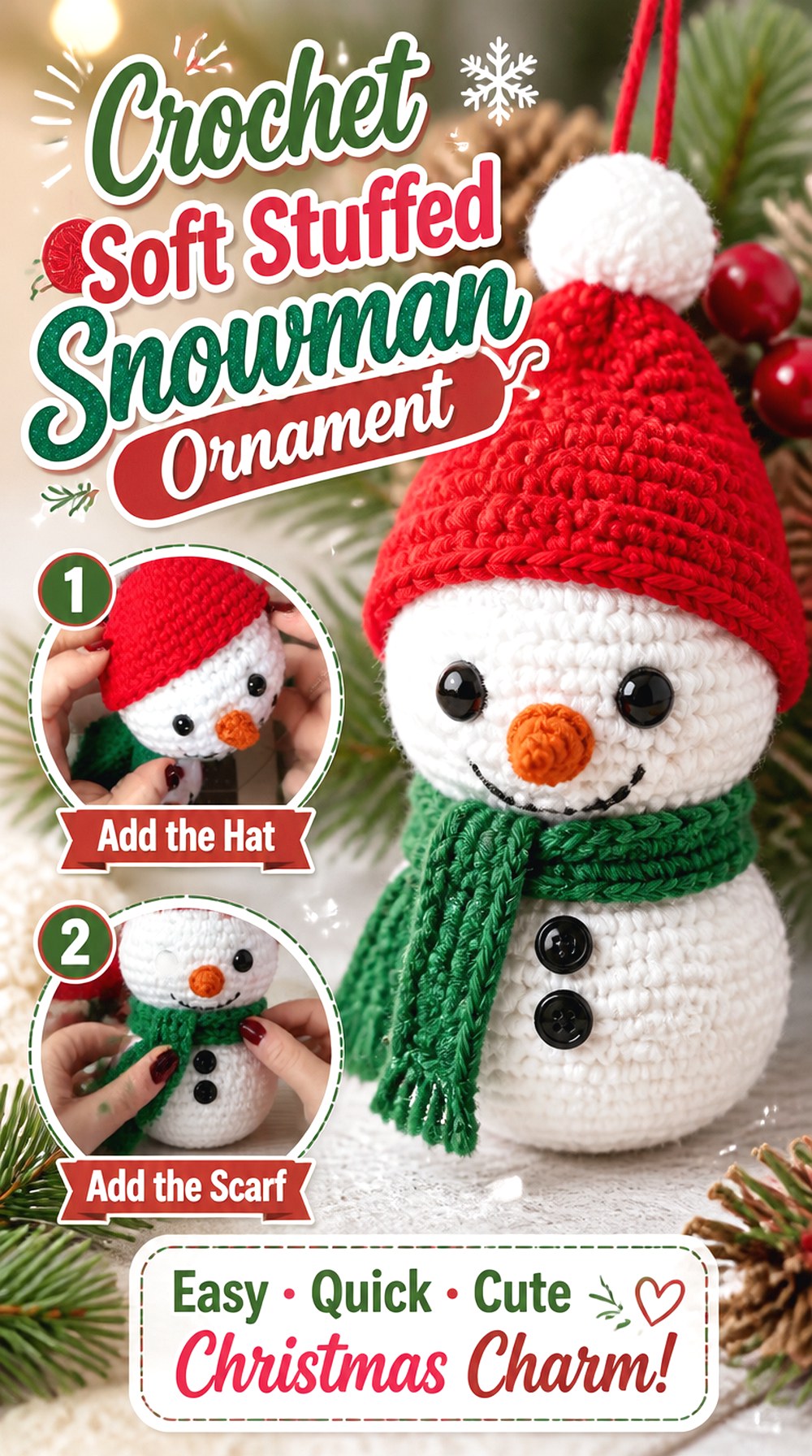 Crochet Soft Stuffed Snowman Ornament