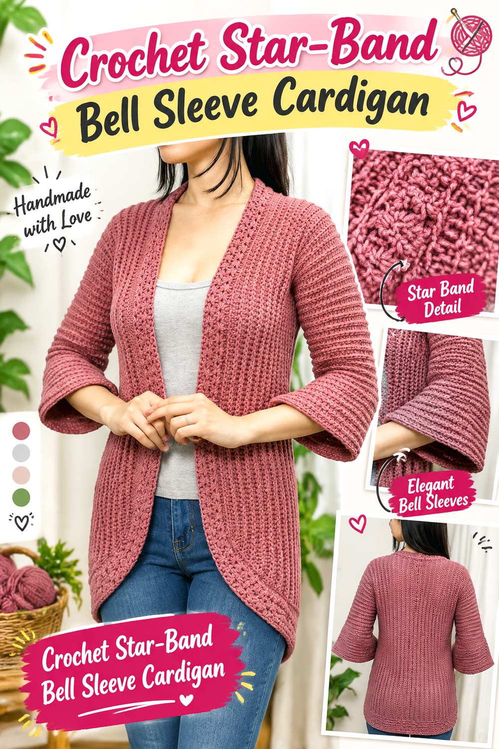 Crochet Star Band Bell Sleeve Cardigan