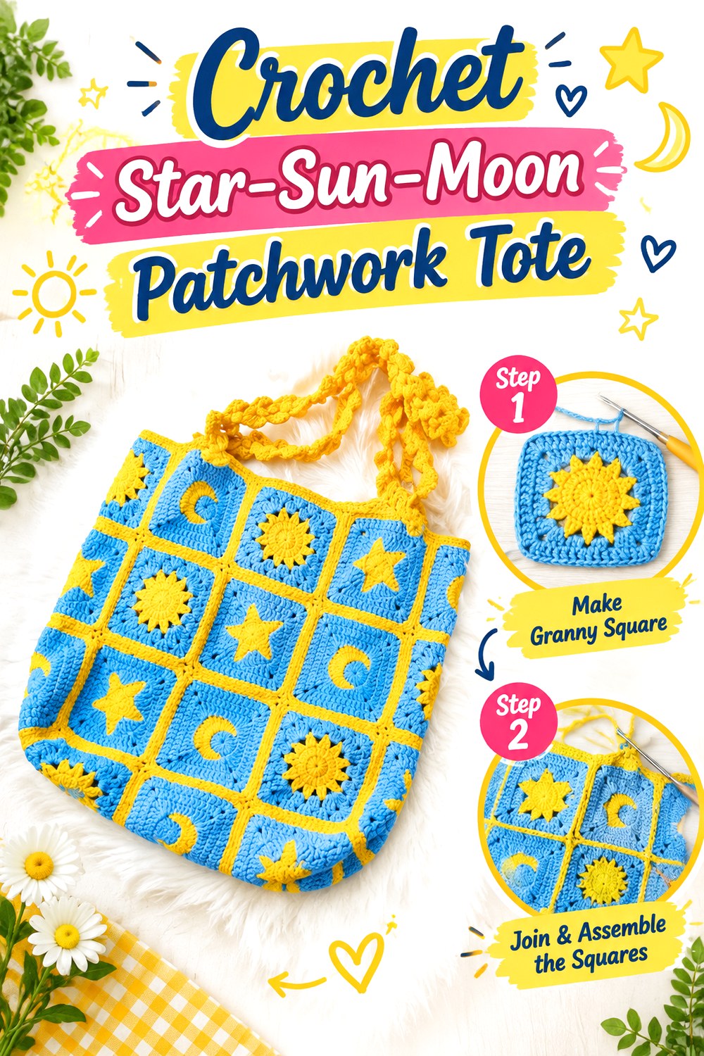 Crochet Star Sun Moon Patchwork Tote