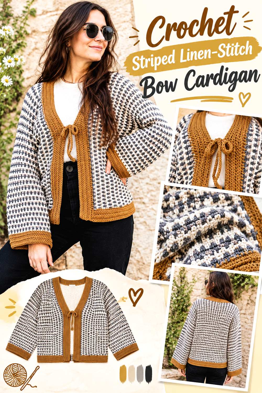 Crochet Striped Linen Stitch Bow Cardigan