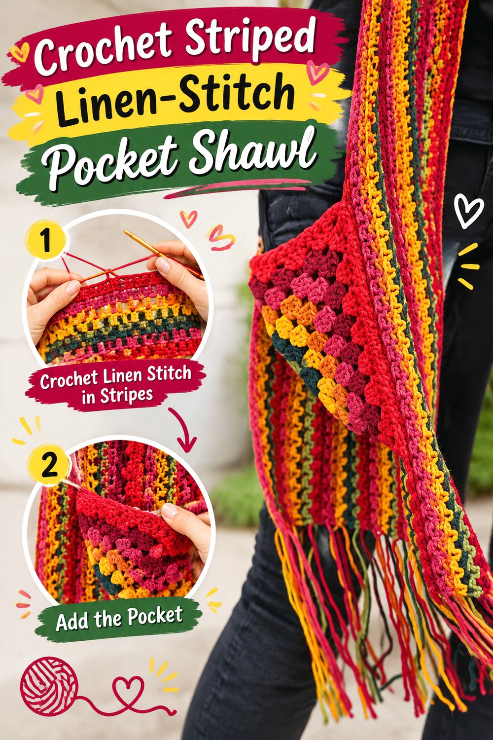 Crochet Striped Linen Stitch Pocket Shawl