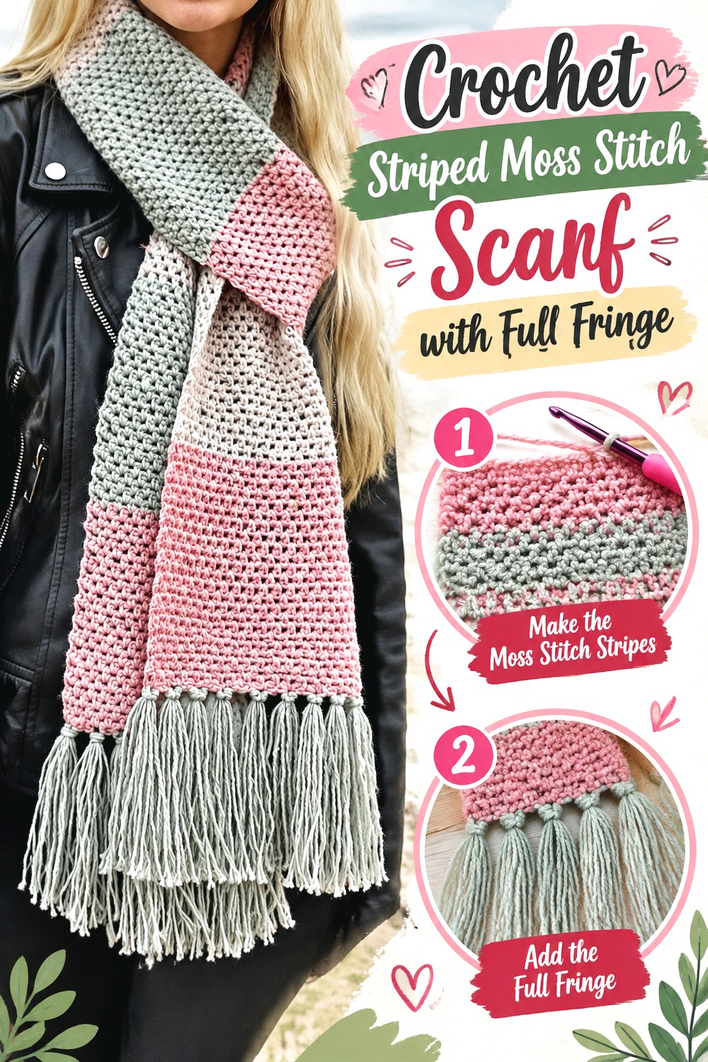 Crochet Striped Moss Stitch Scarf with Full Fringe