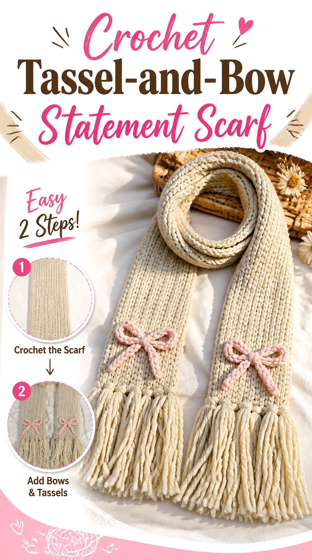 Crochet Tassel and Bow Statement Scarf