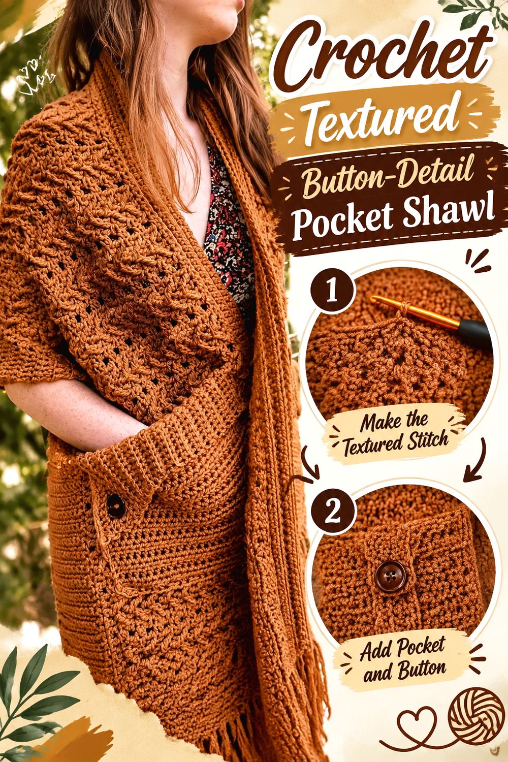 Crochet Textured Button Detail Pocket Shawl