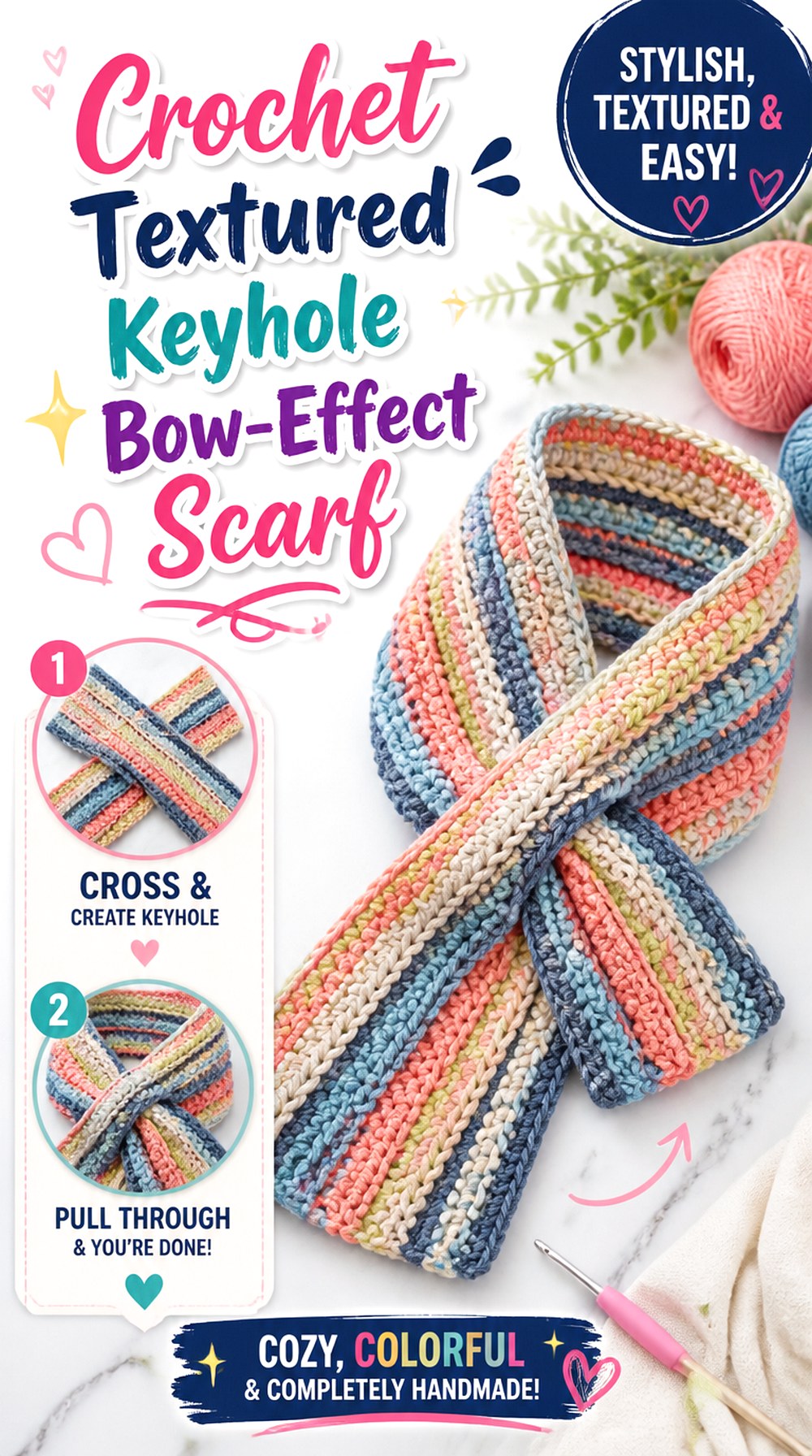 Crochet Textured Keyhole Bow Effect Scarf